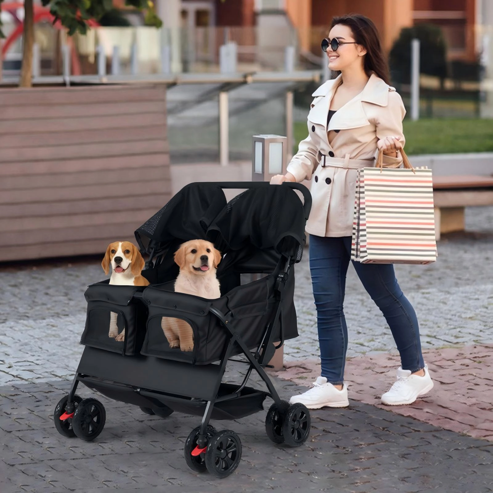 SUGIFT Black Double Pet Stroller with Adjustable Canopy 31.5-in W 28.5-in D 40-in H 26-lb Seat Capacity