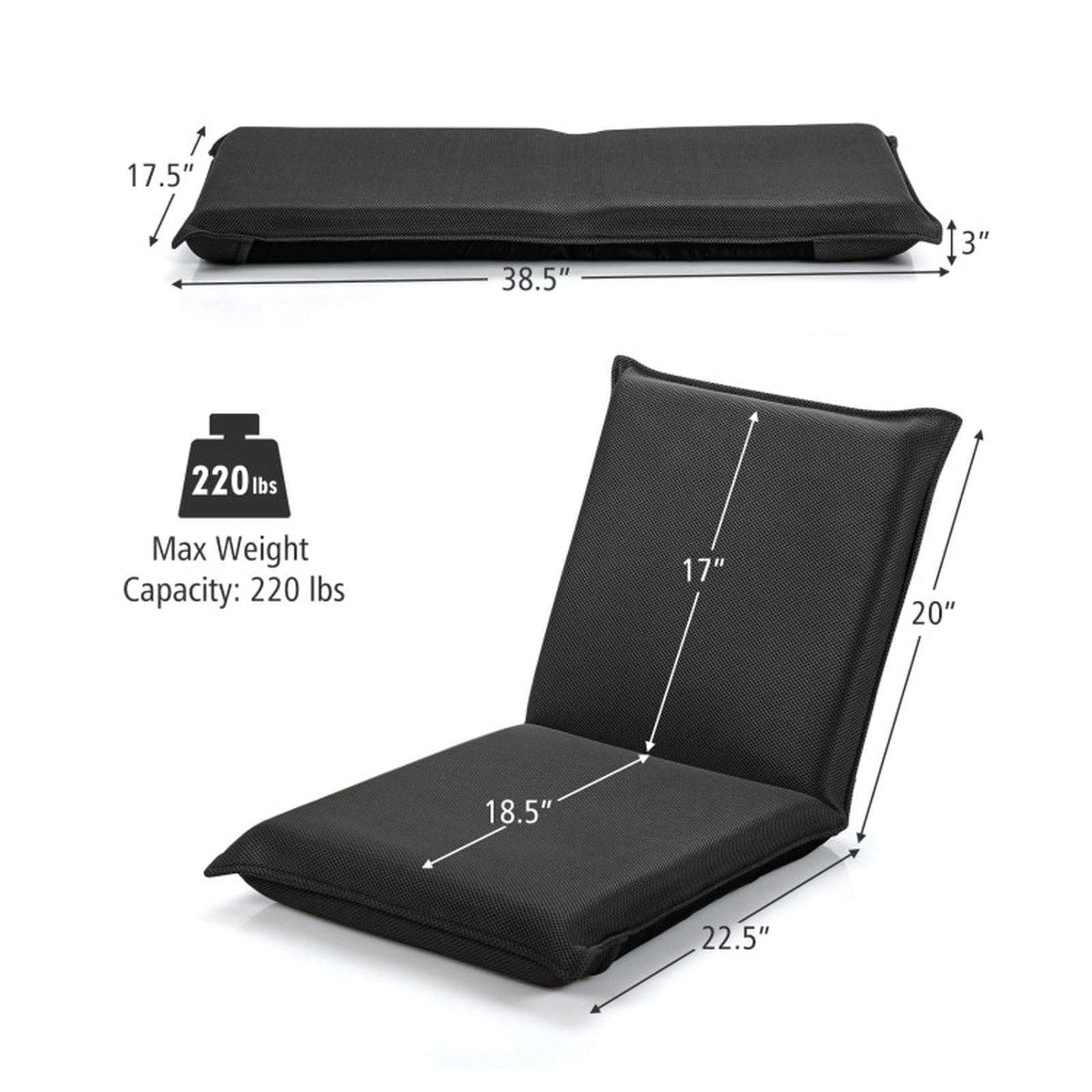 SUGIFT Adjustable 6-Position Folding Lazy Sofa Floor Chair 287-Lb Capacity Black