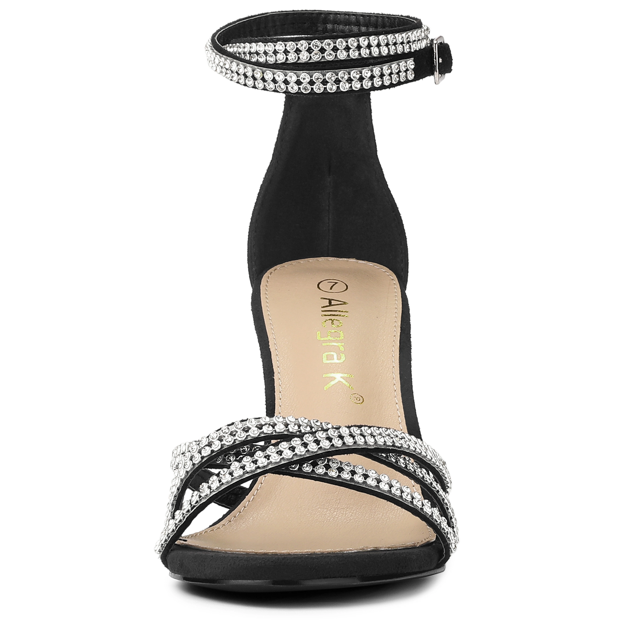 BLISSFUL STEP Women's Rhinestones Strappy Chunky Heel Sandals