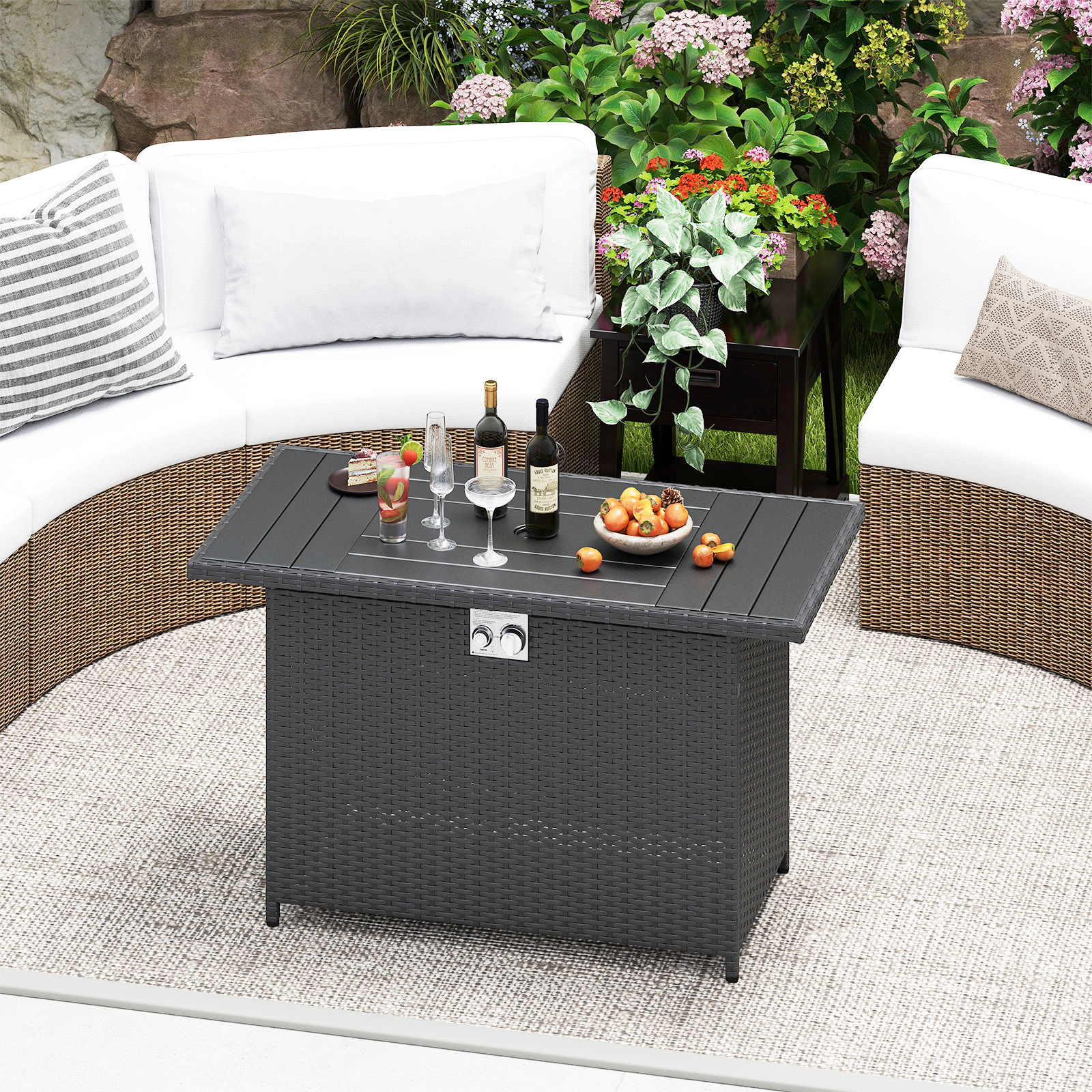 SUGIFT 44.5-in Propane Rattan Gas Fire Pit Table 50,000 BTU 220-lb Tabletop Capacity 2-in-1 Stainless Steel Burner Black