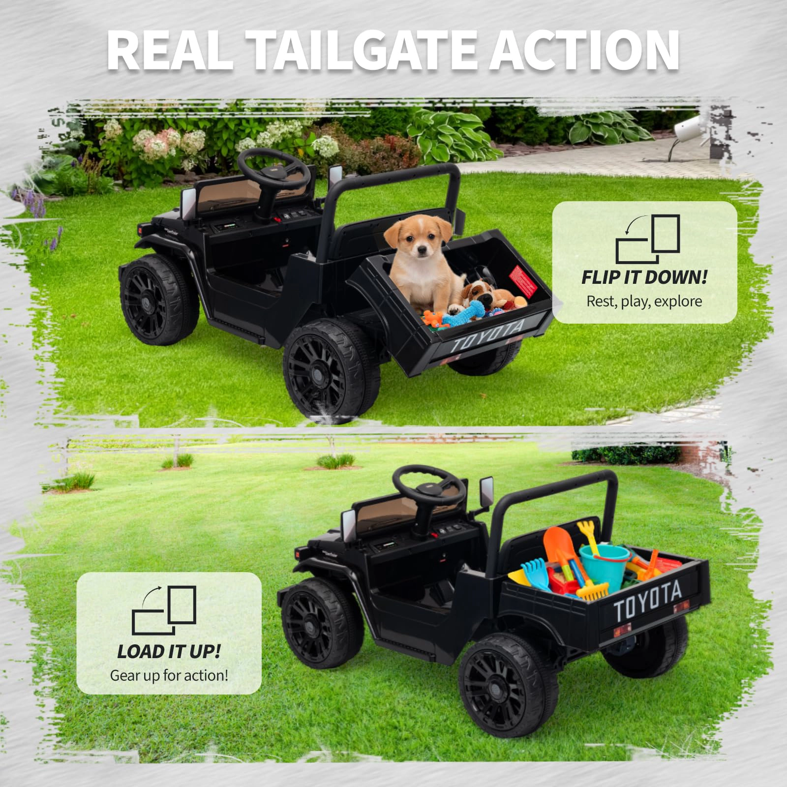 Enjyam 12V Licensed Toyota Ride-On Pickup Truck for Kids, Electric Vehicles w/Remote, Suspension, Bed
