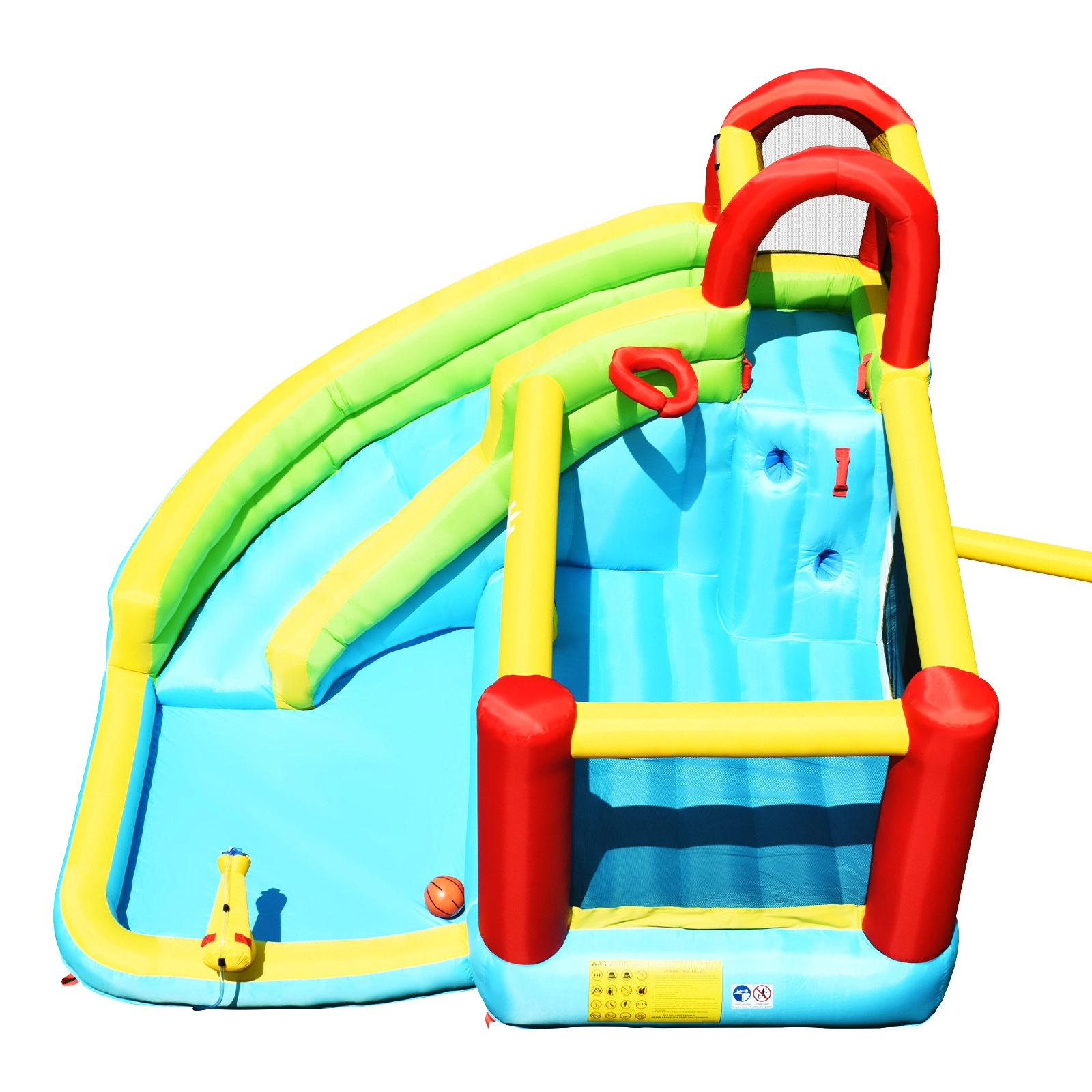 SUGIFT 6-in-1 Inflatable Bounce House with Climbing Wall, Water Slide, Pool and Basketball Hoop 300-lb Capacity