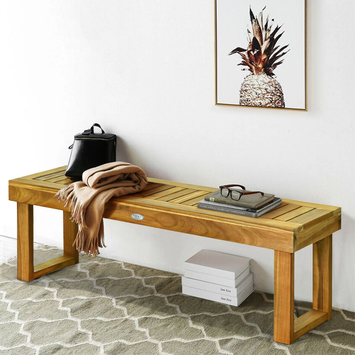 LJG 52 Inch Acacia Wood Dining Bench with Slatted Seat