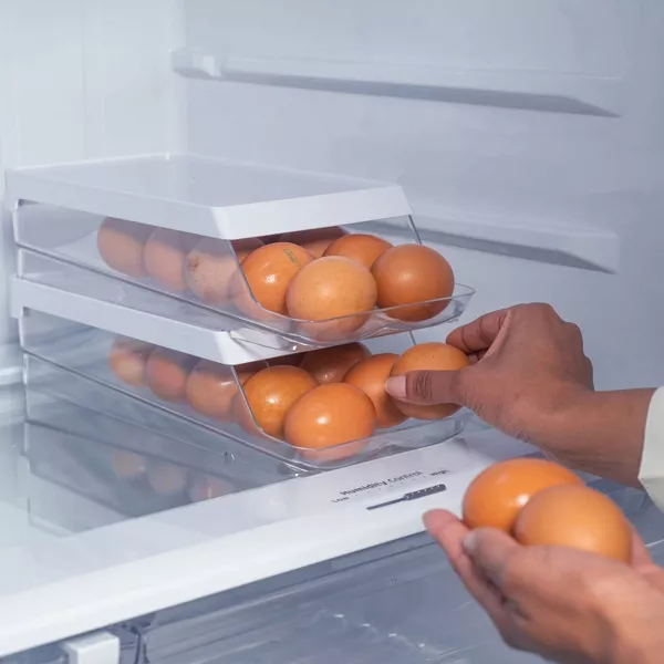 OU Egg Holder for Fridge, Rolling Egg Organizer, Clear Stackable Refrigerator Storage Container, BPA Free, 2 Piece Set