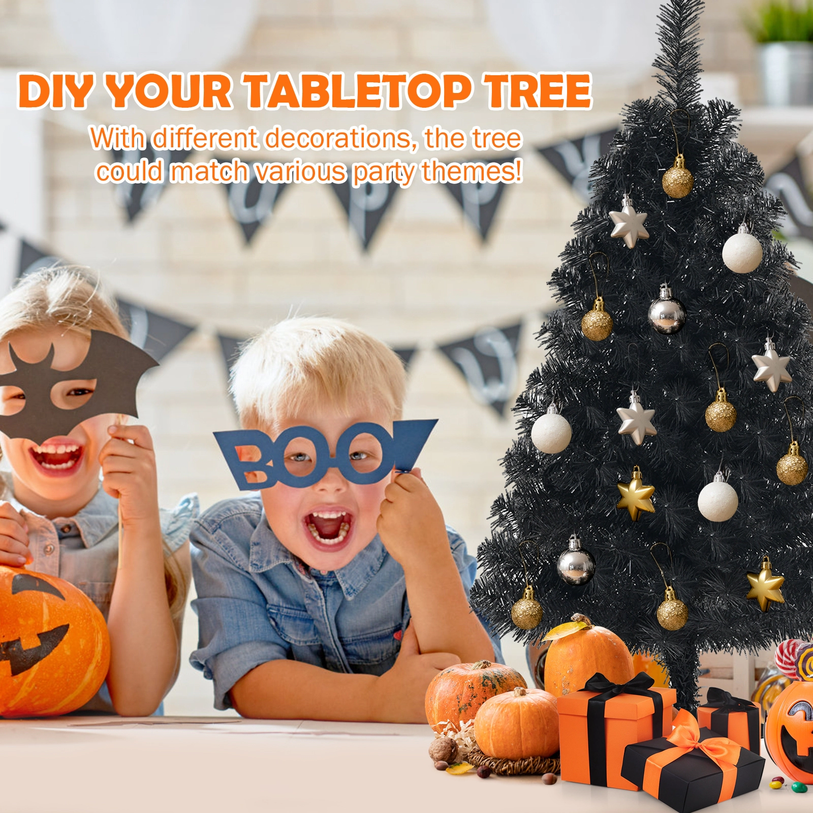 SUGIFT 3 ft Black Mini Christmas Tree Unlit Artificial Halloween Tree with Plastic Stand