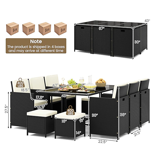 Glintex 11-Piece Nesting Rattan Dining Set with Tempered Glass Table ...