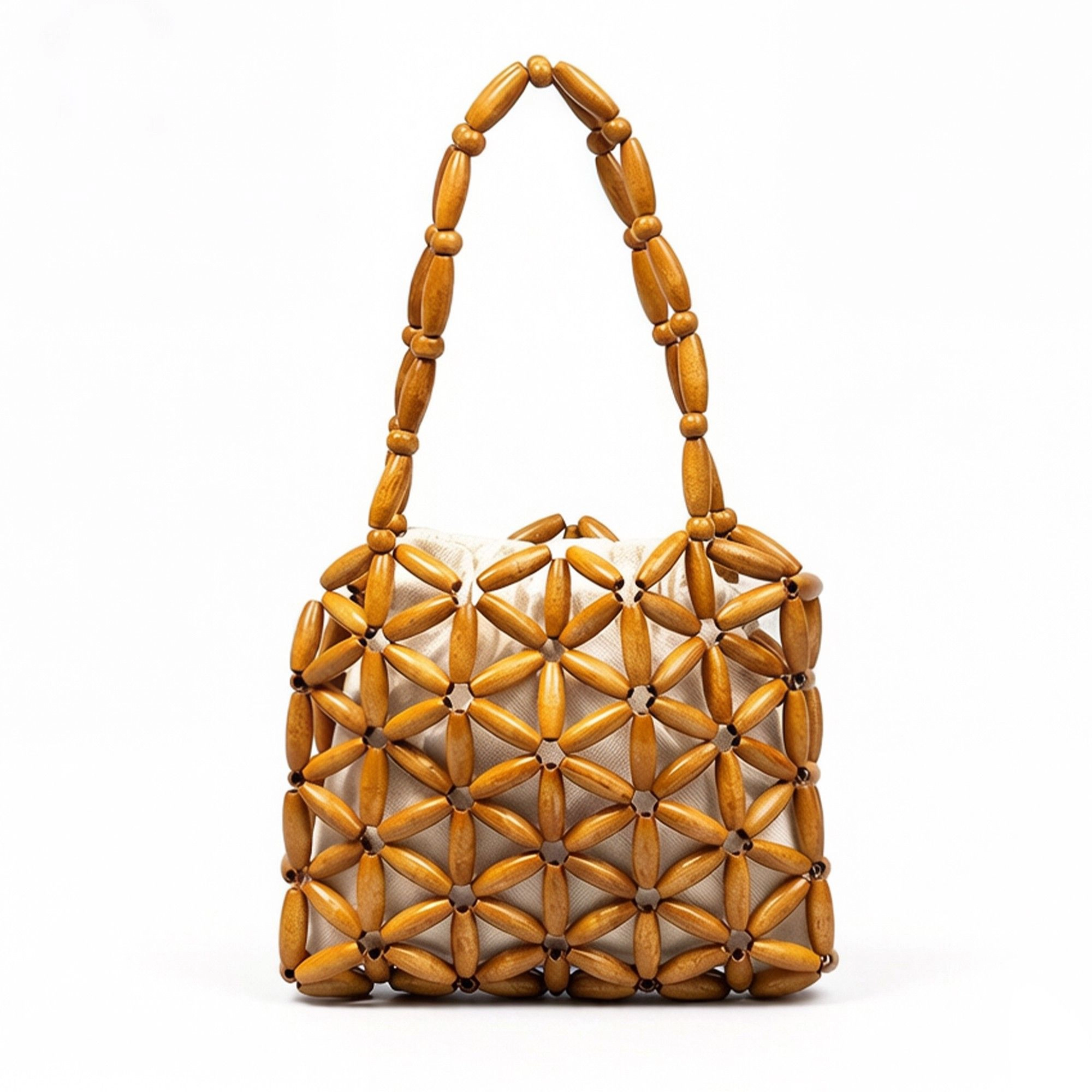 Alilang Women's Wooden Beaded Tote Bag Structured Geometric Design with Inner Pouch Open Weave Shoulder Handbag