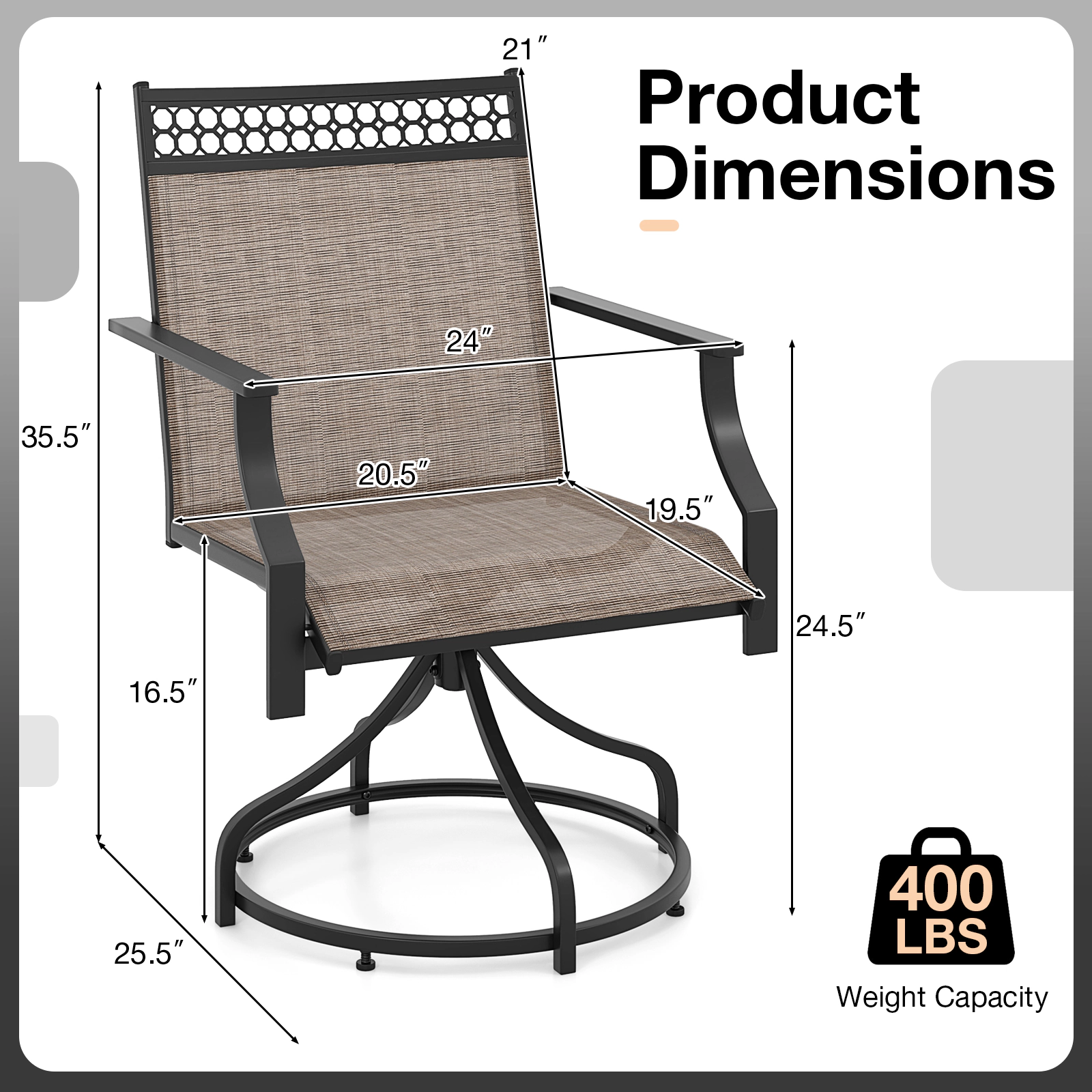SUGIFT Patio Swivel Dining Chairs Set of 2 with 360° Swivel Heavy-duty Metal Frame 400-lb Capacity Brown/Gray