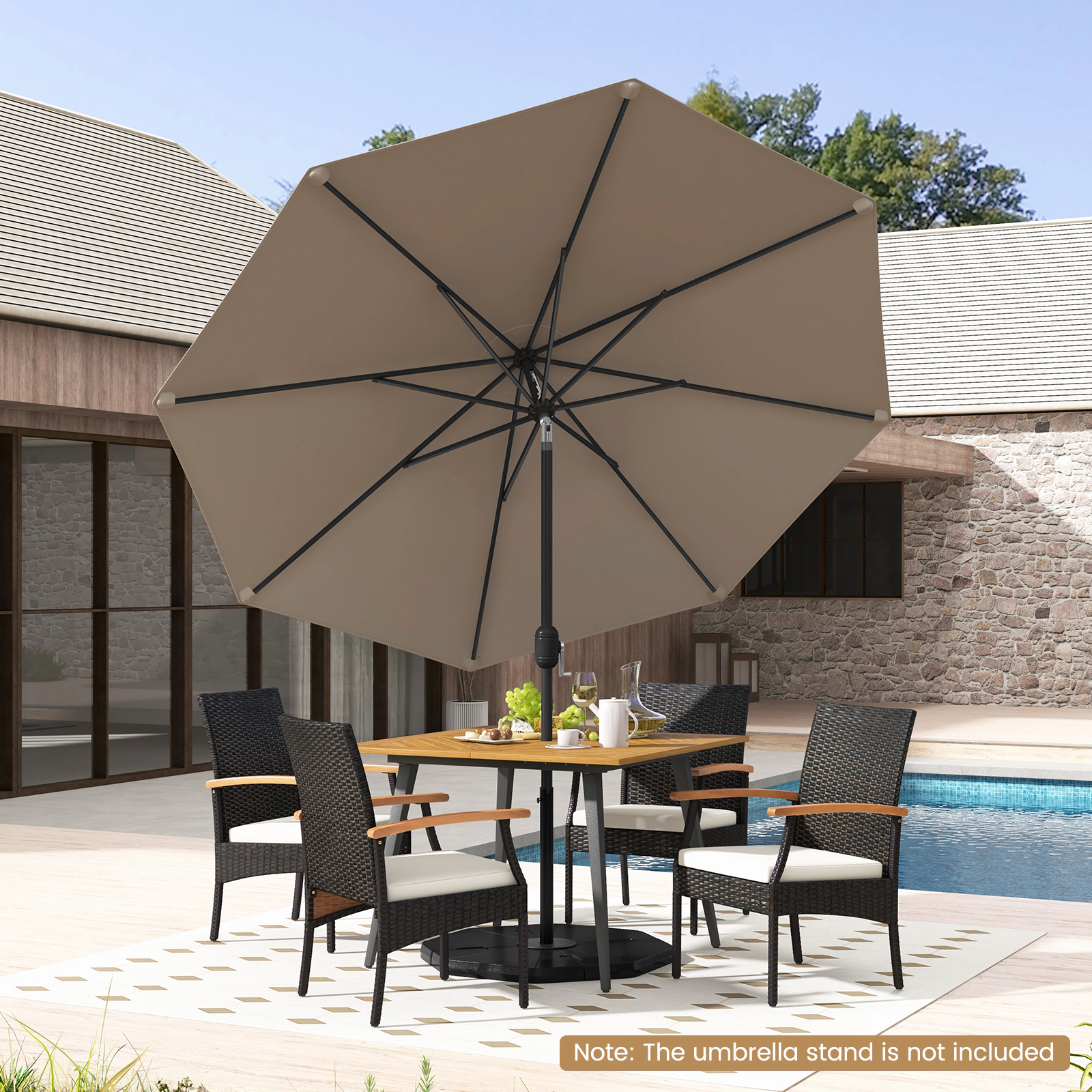 SUGIFT 9 ft Outdoor Market Patio Table Umbrella with Push Button Tilt & Crank Lift 12-lb Net Weight 8-Rib Iron Frame Tan