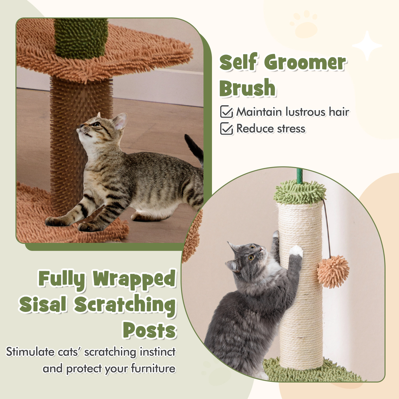 Glintex 60-Inch Cat Tree with Faux Plant Decor Self-Groomer and Anti-Tipping Device, Green