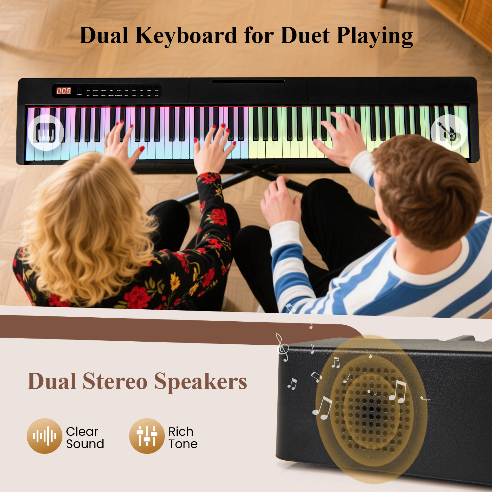 SUGIFT Black 88-Key Velocity-Sensitive Piano Keyboard with 2600mAh Rechargeable Battery and Dual Speakers