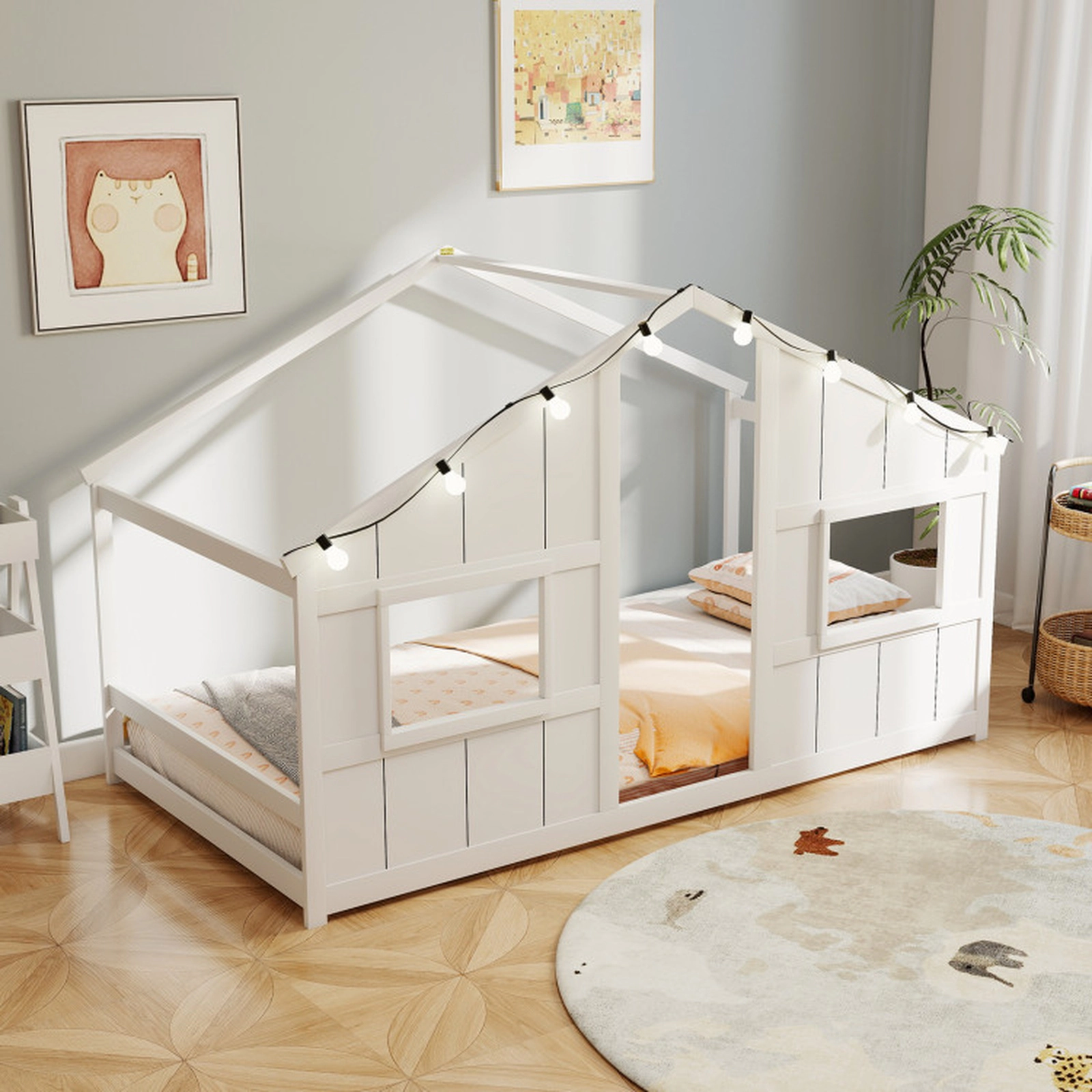 SUGIFT Twin Size White Solid Wood Montessori Kids House Floor Bed with 8 LED Lights Windows and Doorway