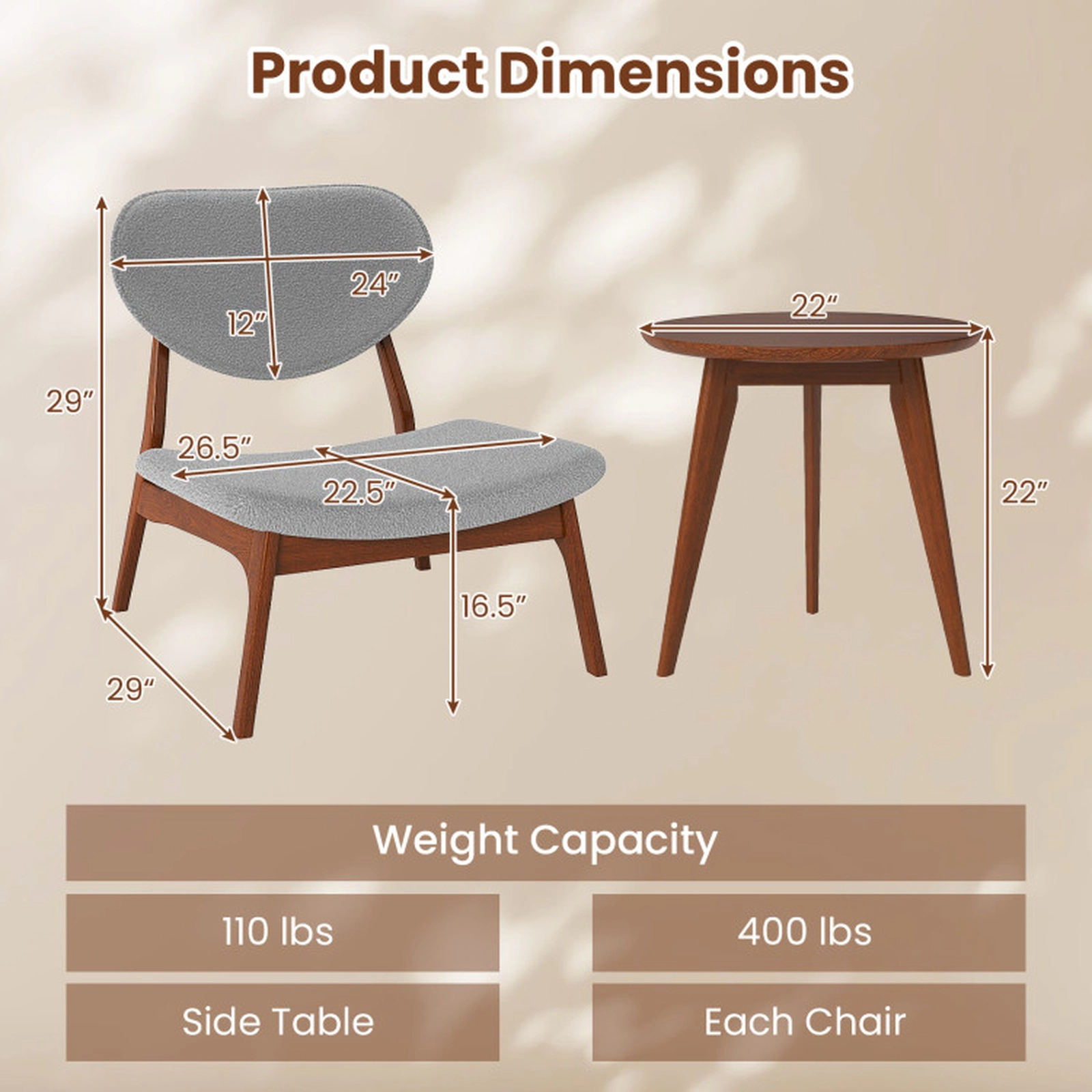 SUGIFT Gray 2 Velvet Chairs and 22-in Solid Wood Side Table 3-Piece Accent Chair Set