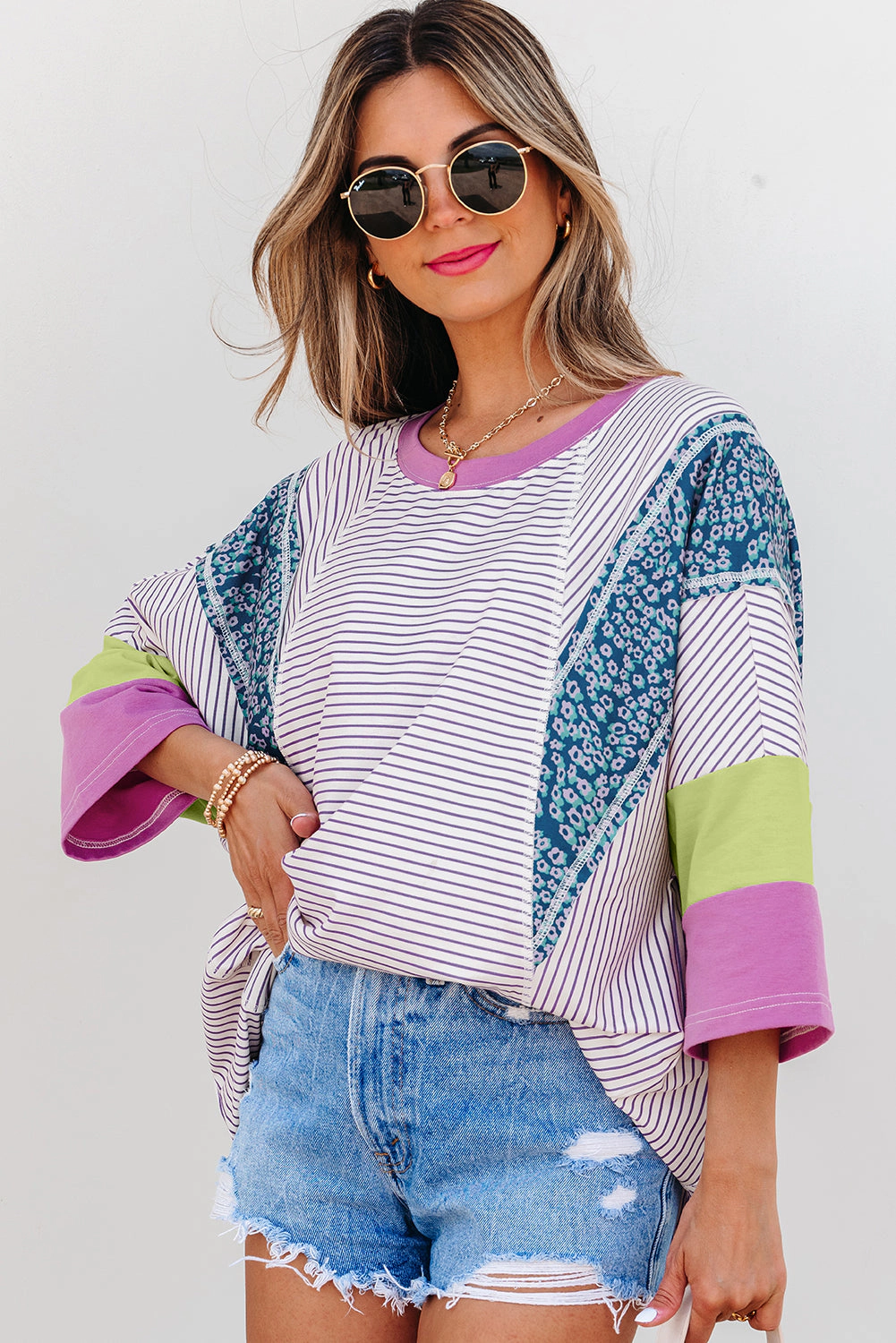 Threaded Pear Women's Kyra Patchwork Bracelet Sleeve Blouse