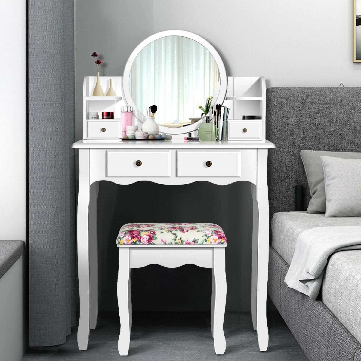 SUGIFT 4-Drawer Makeup Vanity Table Set Girls Dressing Table Oval 14.5-in Mirror 286-lb Dresser 242-lb Stool Capacity
