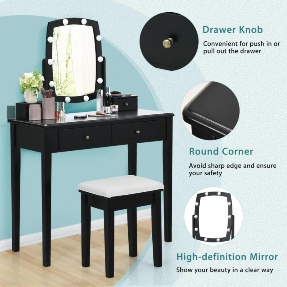 Hivvago Vanity Table Set With Lighted Mirror For Bedroom And Dressing Room