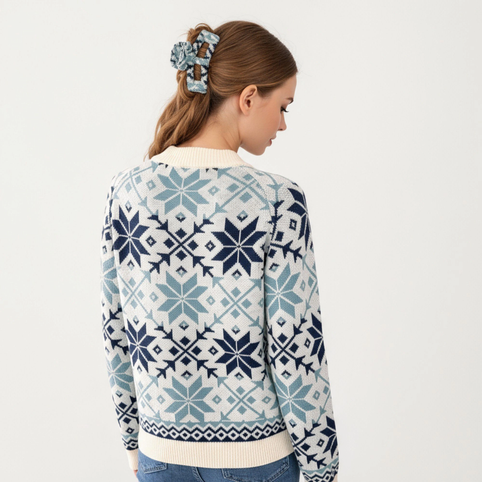 Anna-Kaci Women's Nordic Snowflake Crew Neck Ribbed Trim Knit Sweater