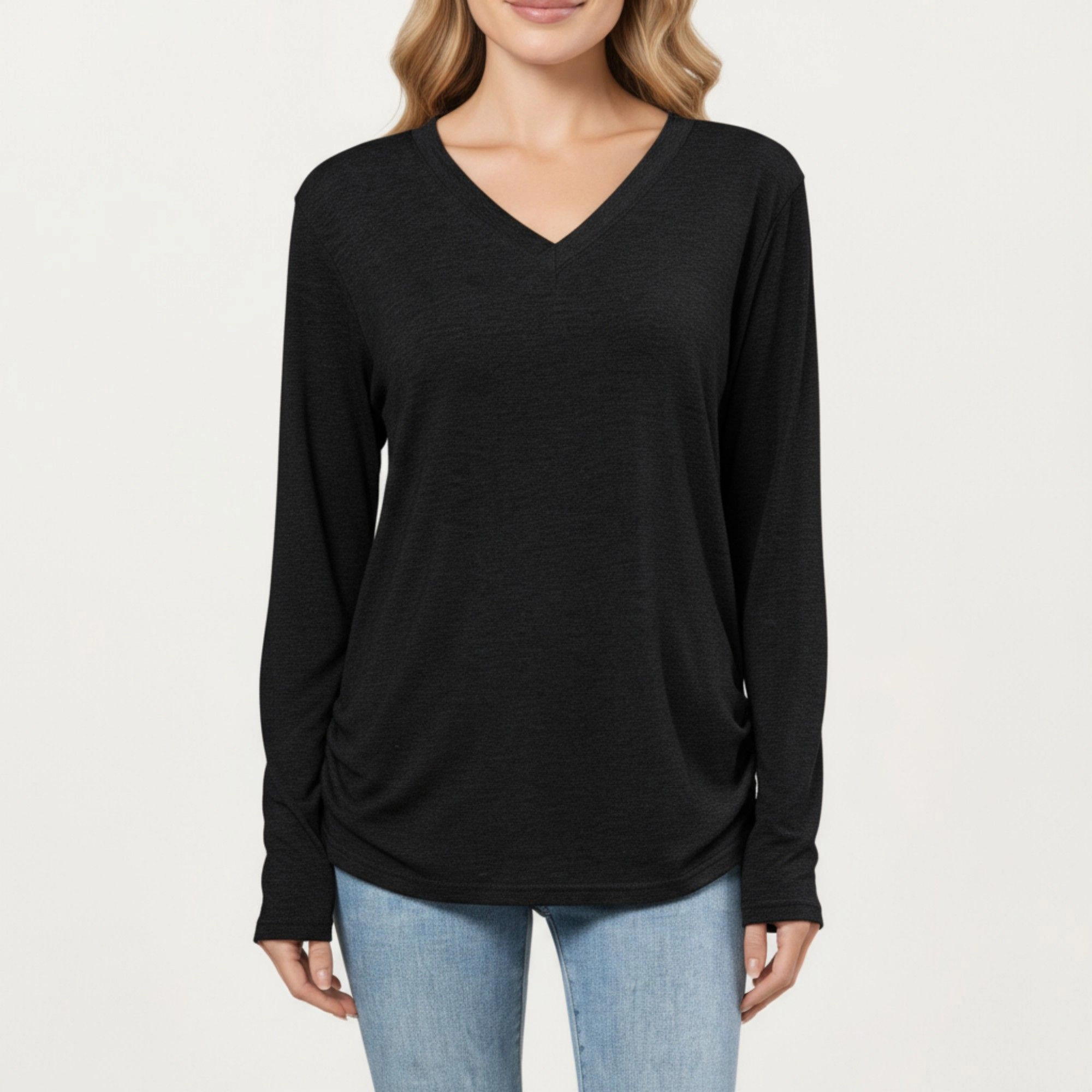 Anna-Kaci Women's V-Neck Ruched Side Relaxed Fit Long Sleeve Top