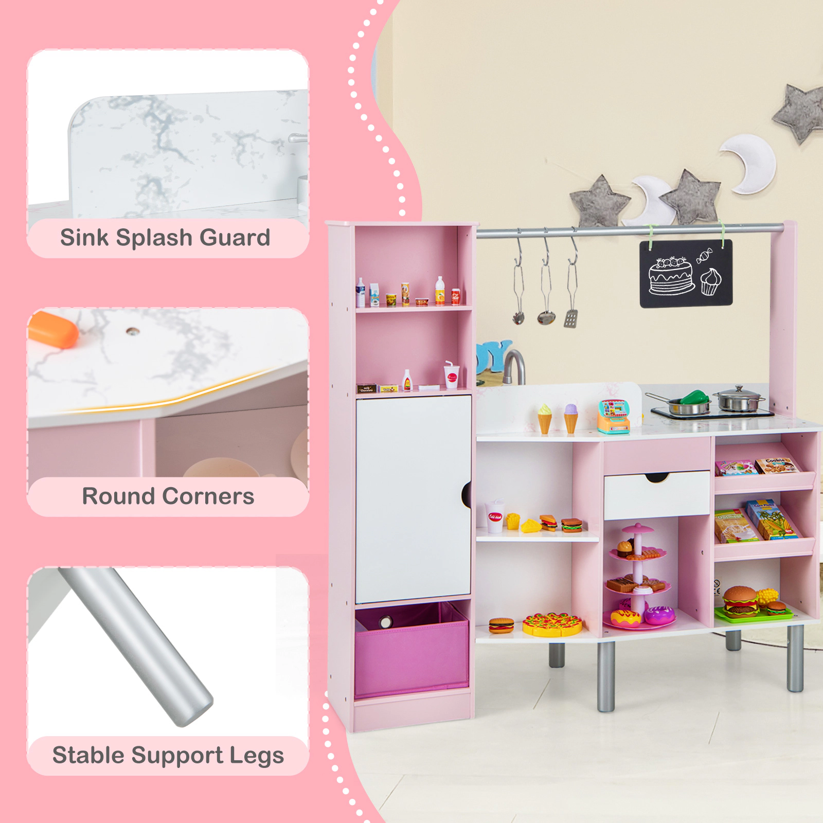 SUGIFT Pink Light and Sound 2-in-1 Double-Sided Kids Play Kitchen and Market Stand