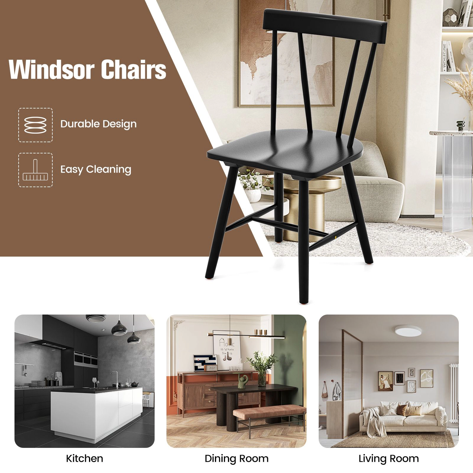 SlickBlue Windsor Dining Chairs Set of 2, Rubber Wood Frame