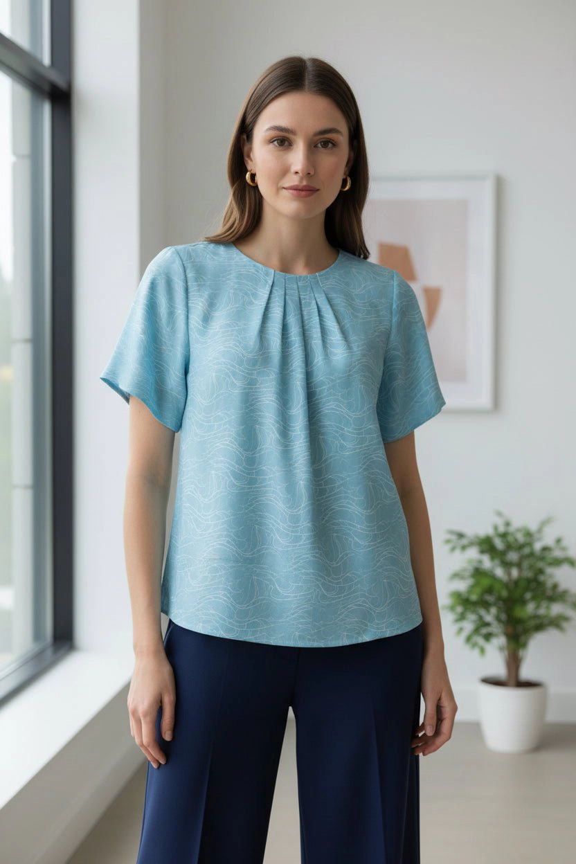 DressAtR Women's Pleated Crew Neck Short Sleeve Back Button Opening Blouse