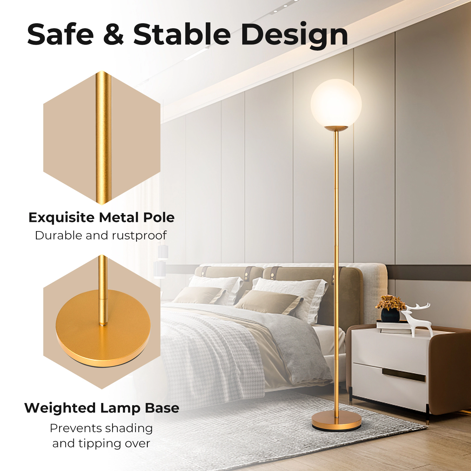 Slickblue Gold Standing Floor Lamp 65in Slim Steel Frame Glass Shade Reading Corner Light