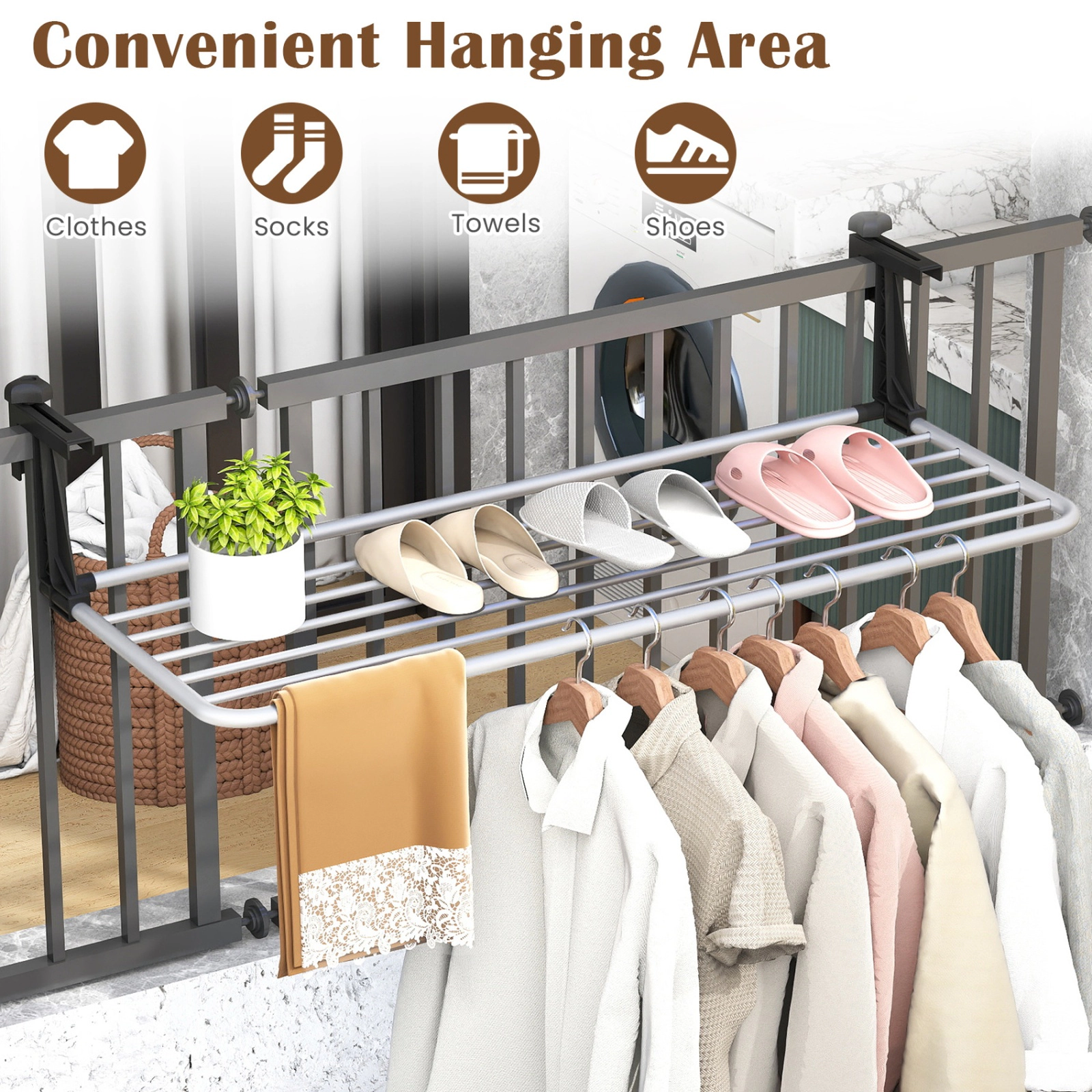 SUGIFT Portable Foldable Clothes Drying Rack Airer with Extendable Radiator Hooks Silver and Black