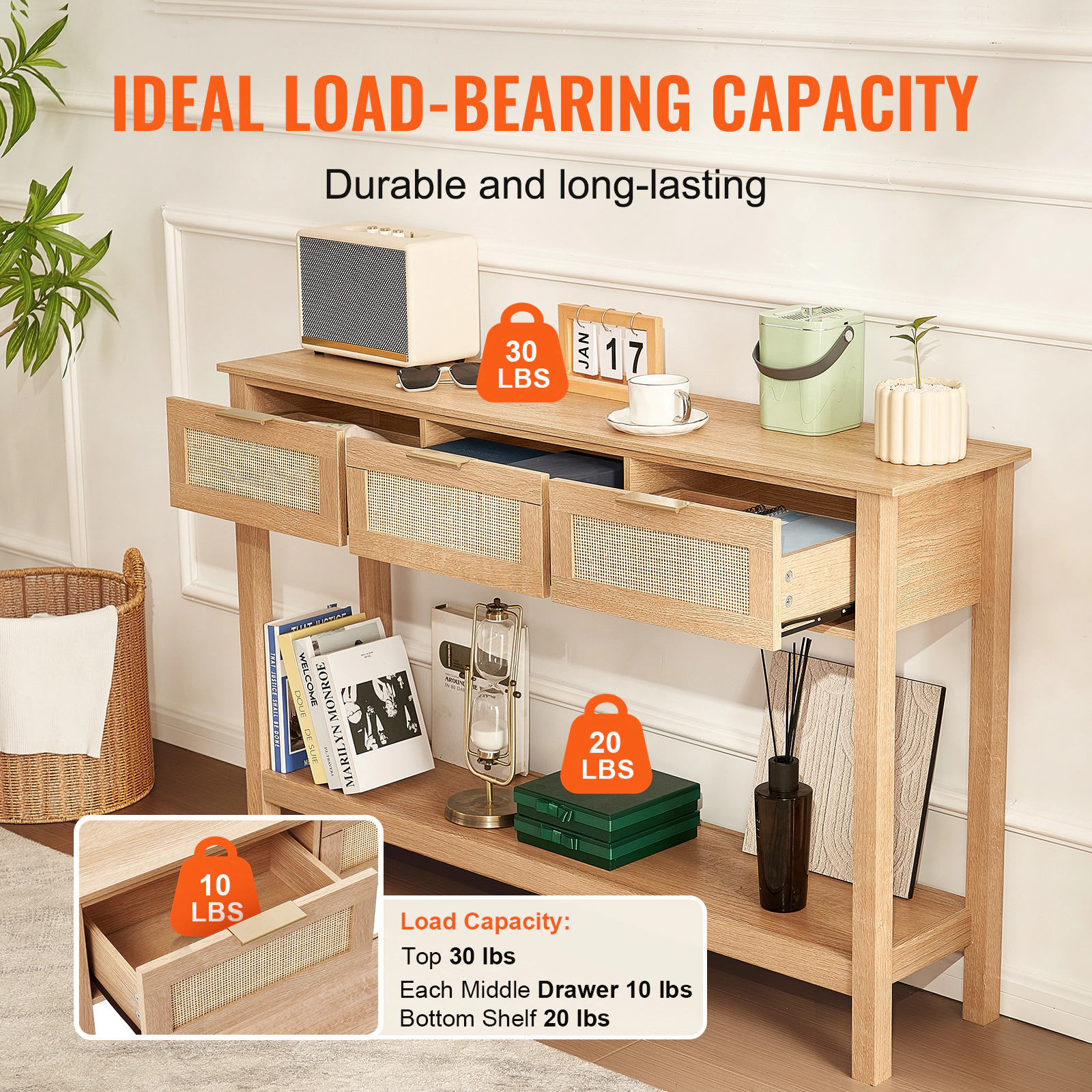 HONGGE Natural Rattan Console Table with 3 Storage Drawers, Narrow Entryway Table for Living Room, Study, TV Wall