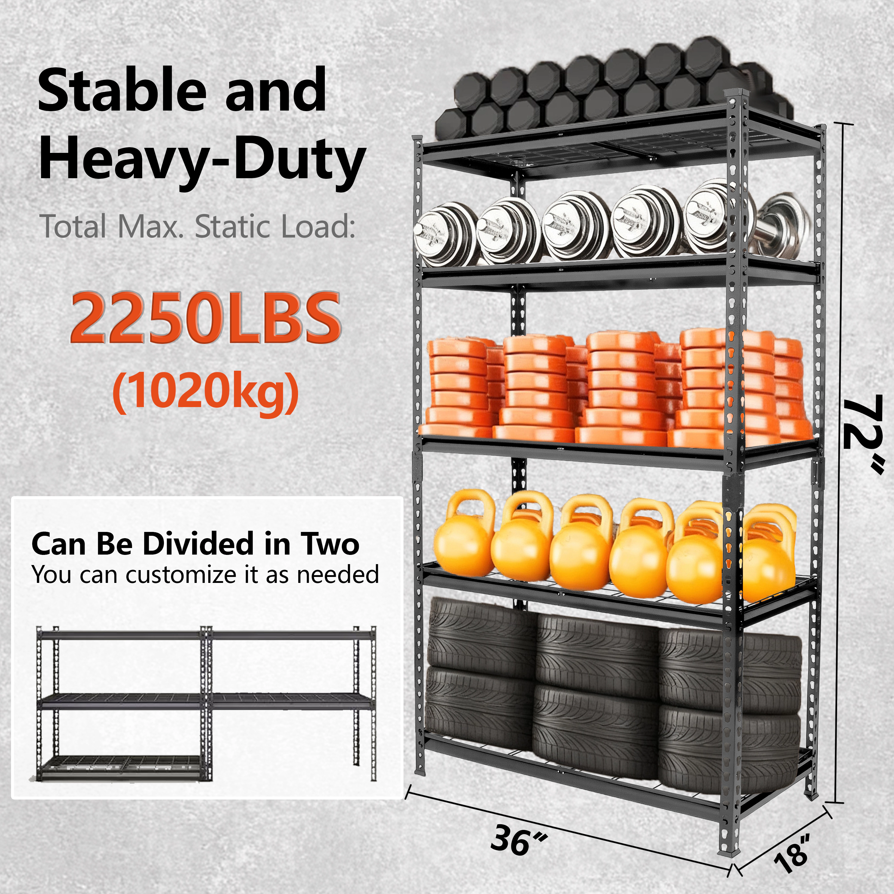 Flynama 5 Tier Heavy Duty Steel Shelving 2250 lb 36W x 18D x 72H in with Boltless Assembly for Garage and Shed in Black