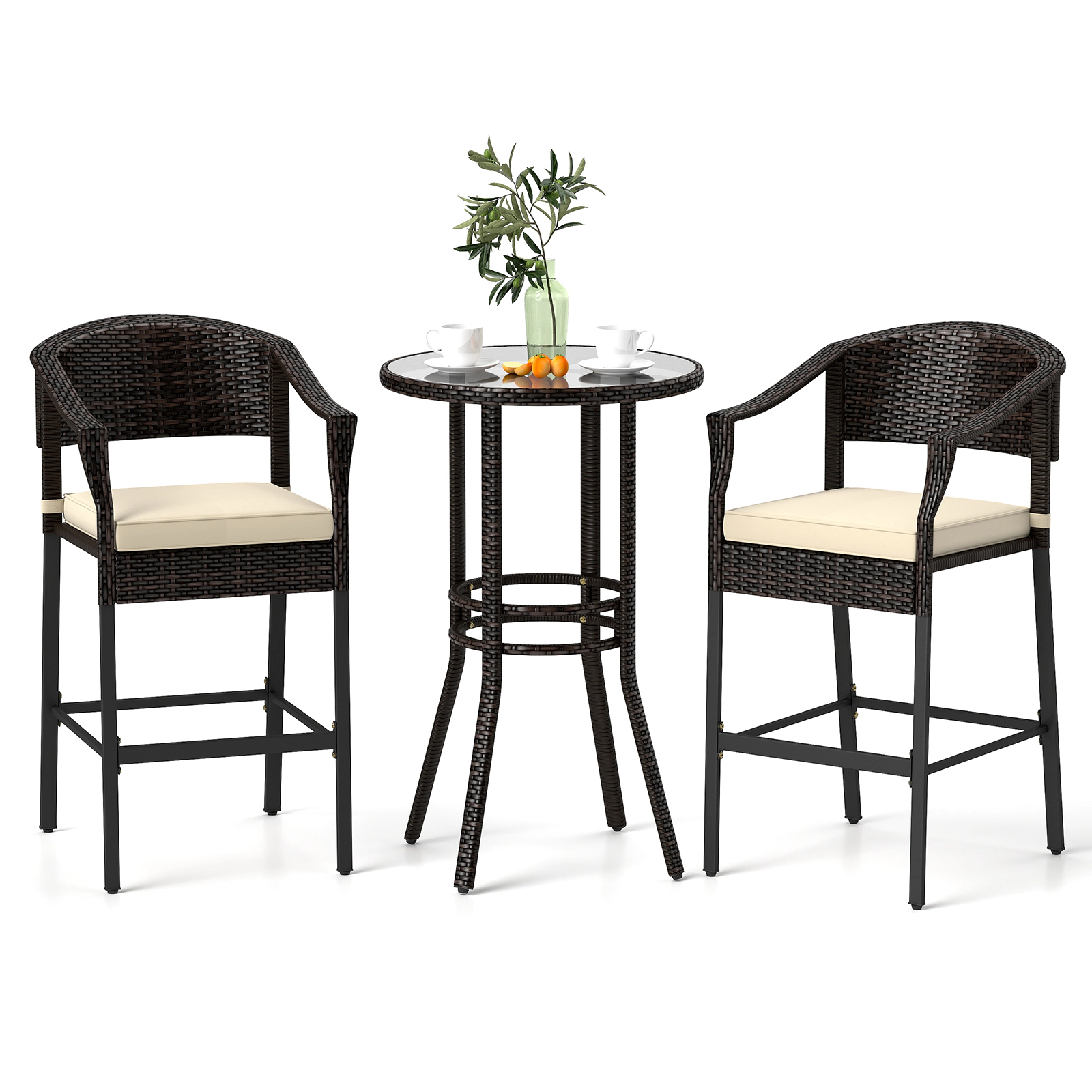 LJG 3-Piece Patio Rattan Bar Set with Tempered Glass Top for Backyard Poolside