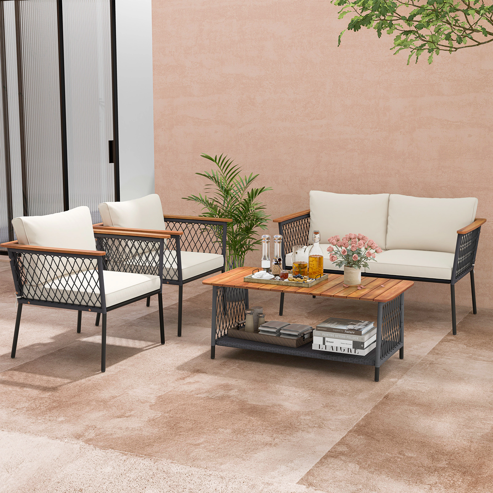 LJG 4 Piece Patio Rattan Furniture Set with 2-Tier Coffee Table