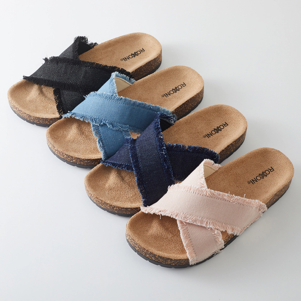 Roxoni Women’s Cross Strap Denim Slide Sandals with Cork Footbed Open Toe Slippers