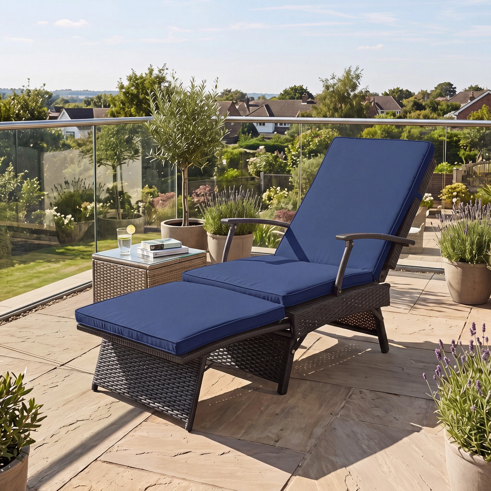 SUGIFT Folding Wicker Chaise Lounge Slide-Out Ottoman 11-Level Adjustable Backrest 400-Lb Capacity Mix Brown Rattan Navy