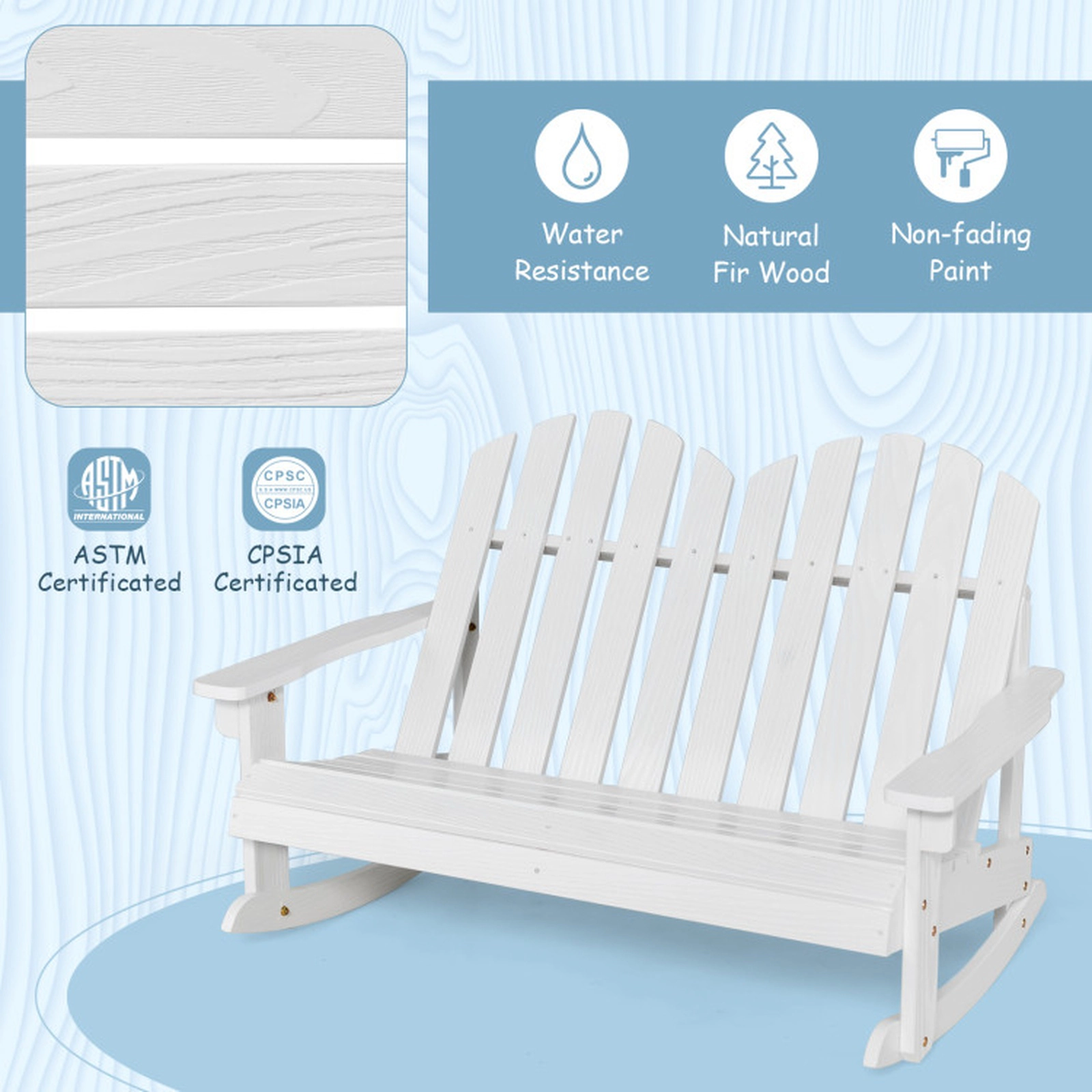 SUGIFT 2 Person Fir Wood Adirondack Rocking Chair with Slatted Seat 220-lb Capacity White