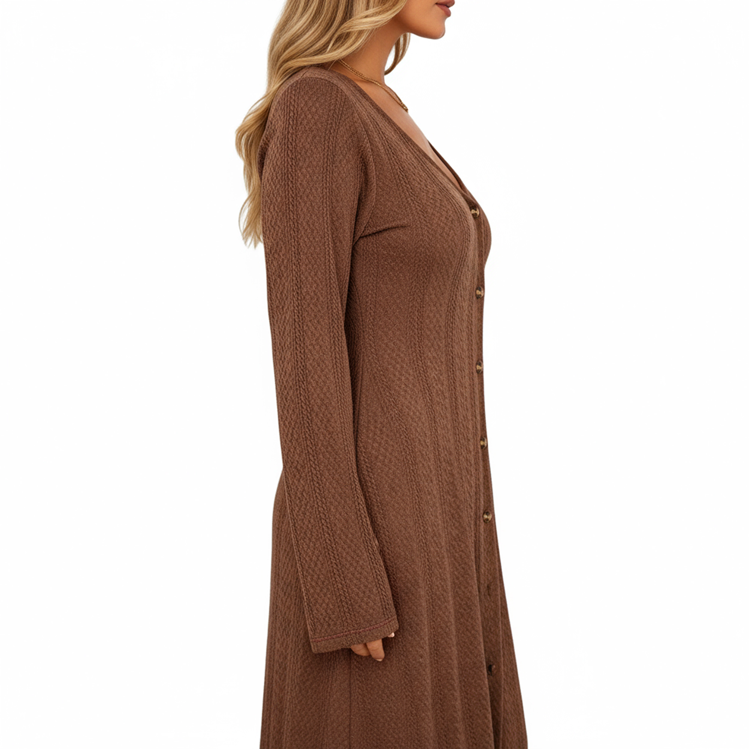 Anna-Kaci Women's Long Sleeve Button Front Deep V-Neck Side Slit Maxi Dress