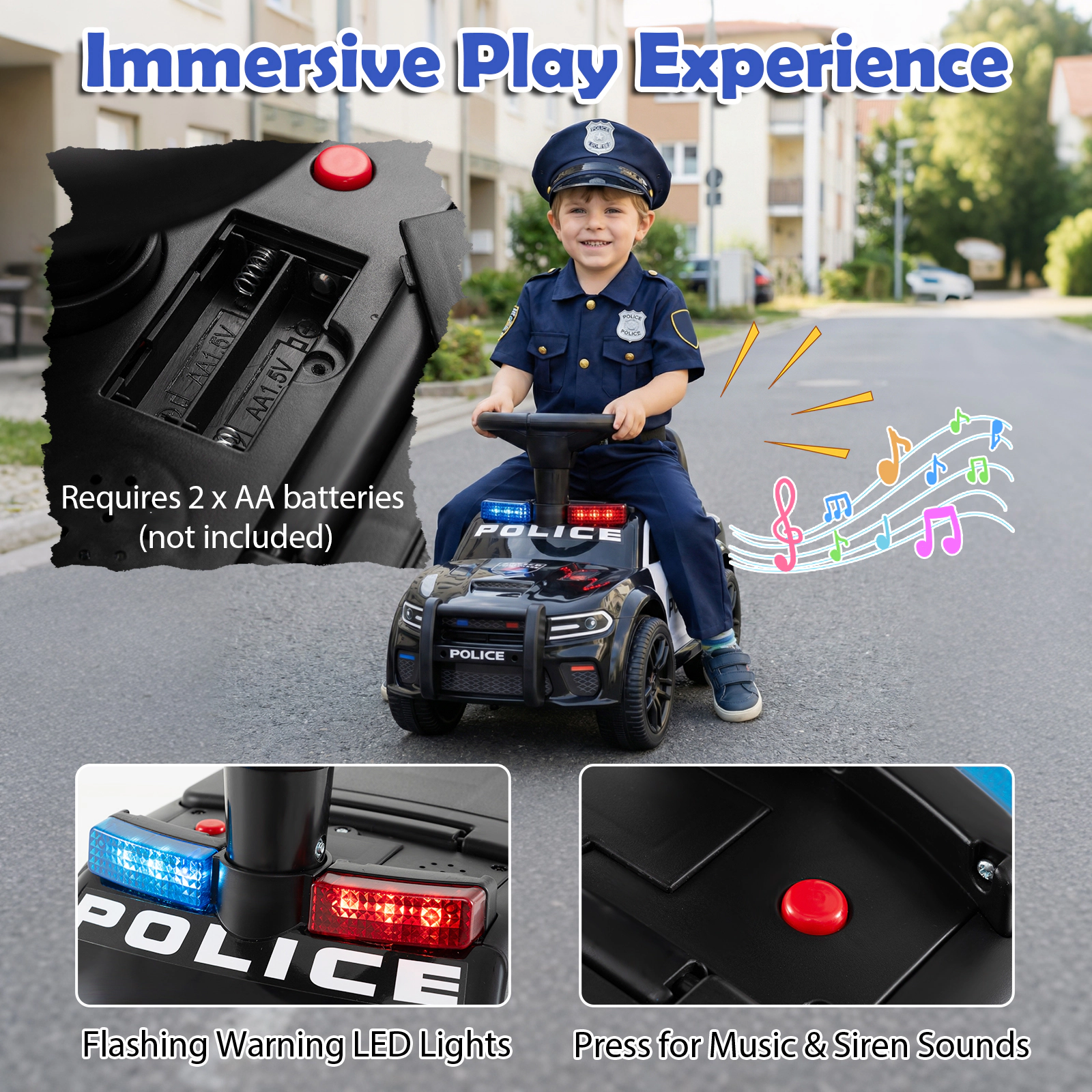 Toddler Sliding Ride On Car Police Siren 3 Music Modes Flashing Lights Anti-Tip Block 18 Months+ Black Scoot Car