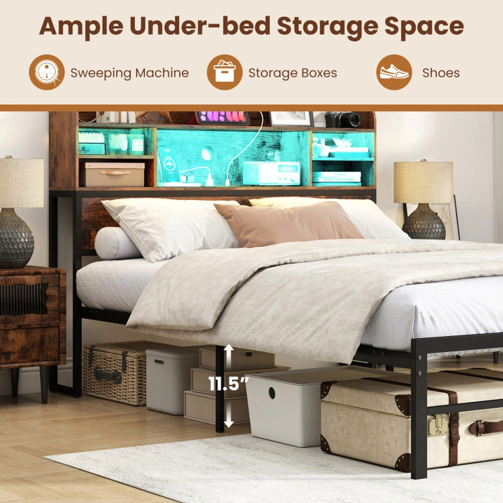 SUGIFT Full Size Bed Frame with Storage Headboard RGB LED Lights & Charging Station 660-lb Capacity Rustic Brown & Black