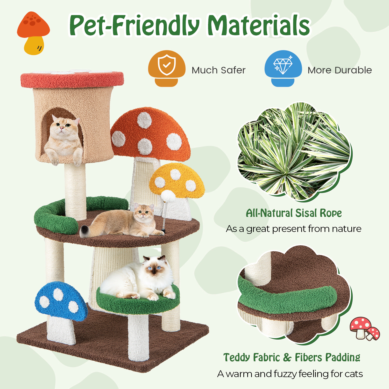 SUGIFT 4-in-1 Mushroom Cat Tree with Condo, Spring Ball and Sisal Posts 40.5-in Tall 22-lb Capacity Multicolor