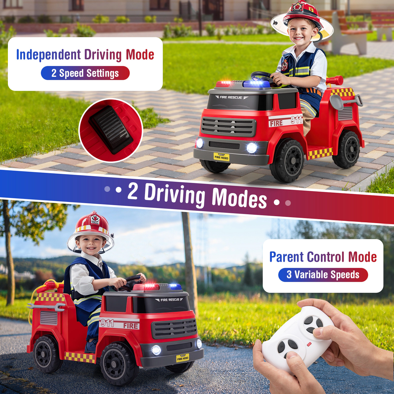 SUGIFT 12V Ride On Fire Truck Powered Car with Water Gun, Shovel and Wrench 55-lb Capacity Ages 37-95 Months Red