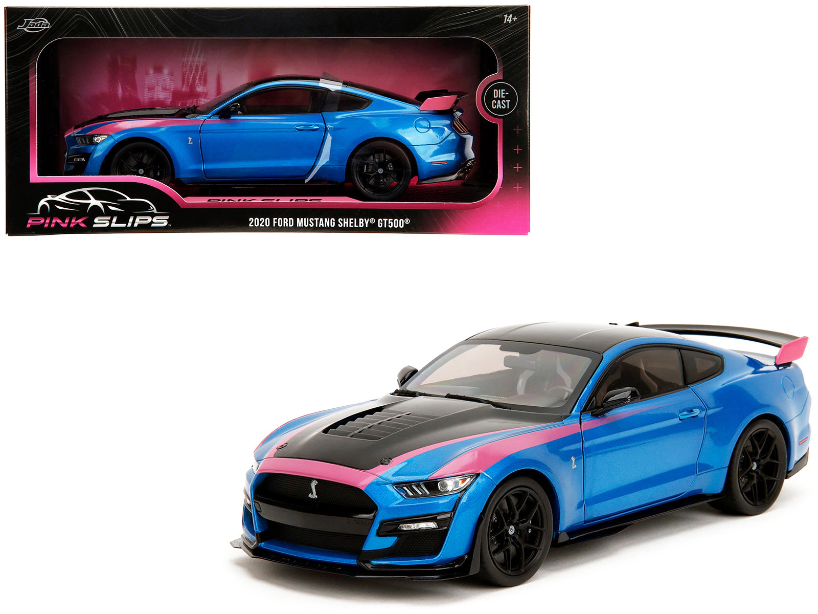 Jada Ford Mustang Shelby Gt500 Blue Metallic With Pink Stripes And Black Hood And Top "Pink Slips" Series 1/18
