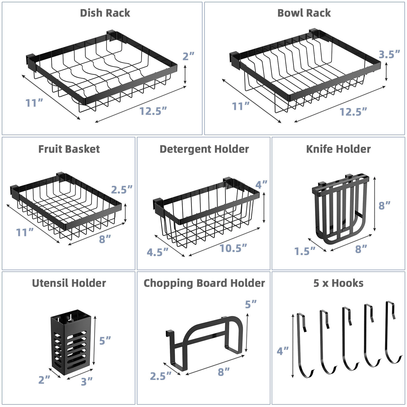 SUGIFT 2-Tier Adjustable Over Sink Dish Drying Rack 4 Baskets 5 Hooks 110-lb Total 22-lb per Basket 21-39-in Wide Black