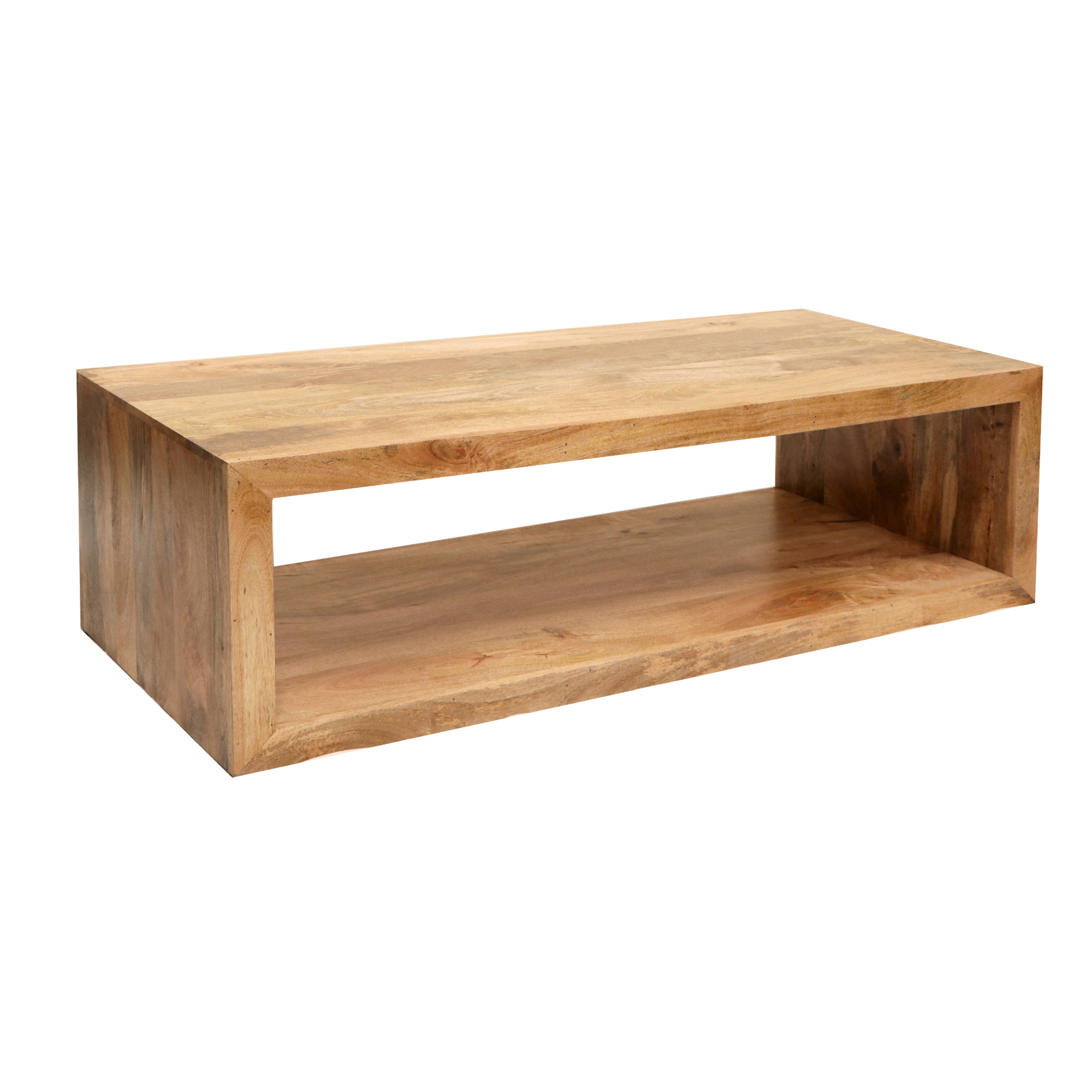 The Urban Port Keli 58 Inch Mango Wood Coffee Table, Open Cube, 1 Shelf, Natural Brown