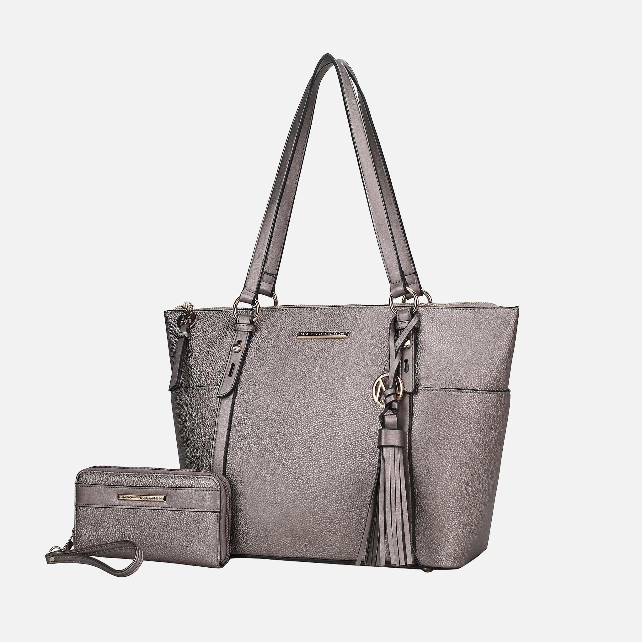 Mia K Collection Gloria Carryall Tote Bag with Matching Wallet - Pebbled Vegan Leather, Gold-Tone Hardware