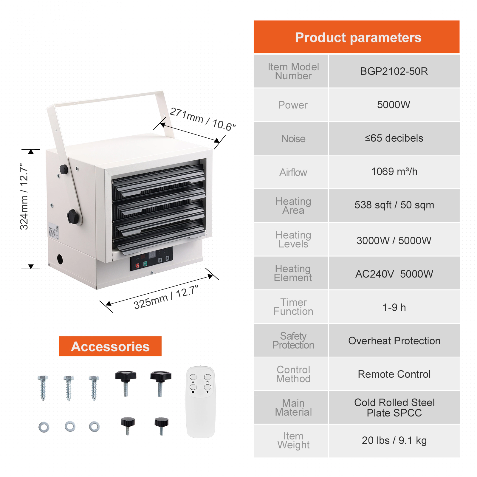 HONGGE Electric Garage Heater Digital Fan-Forced Wall/Ceiling Mount Shop Heater with Remote Control Overheat Protection