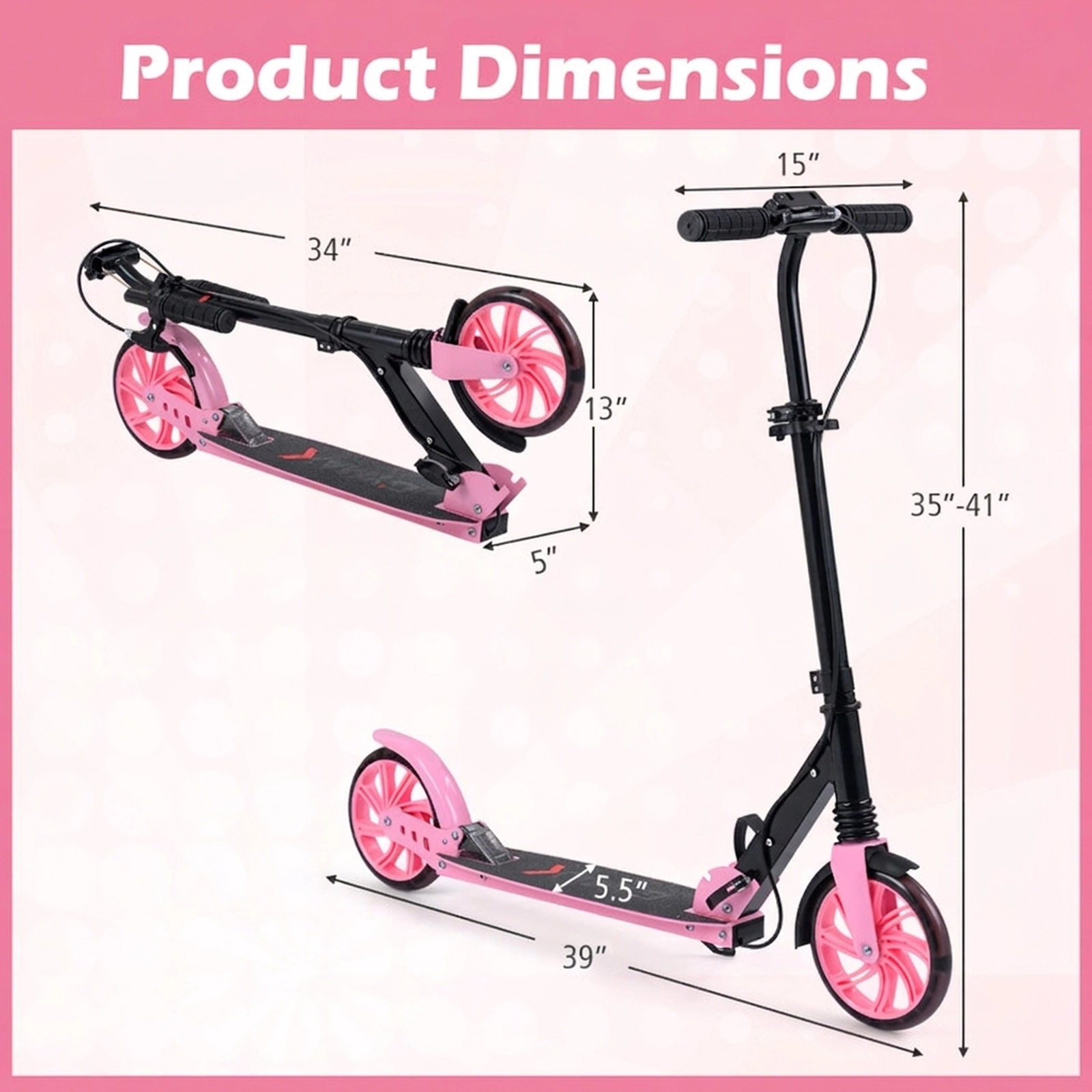 SUGIFT Kids Pink Folding Kick Scooter with 8-in Light-Up Wheels 39-in W 35-in to 41-in H 220-lb Rider Capacity