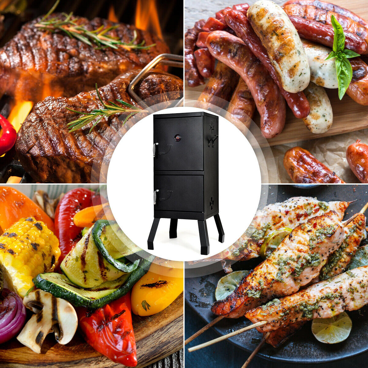 SUGIFT Vertical 2-Tier Black Charcoal Smoker Grill with Temperature Gauge Water Pan and Lockable Doors
