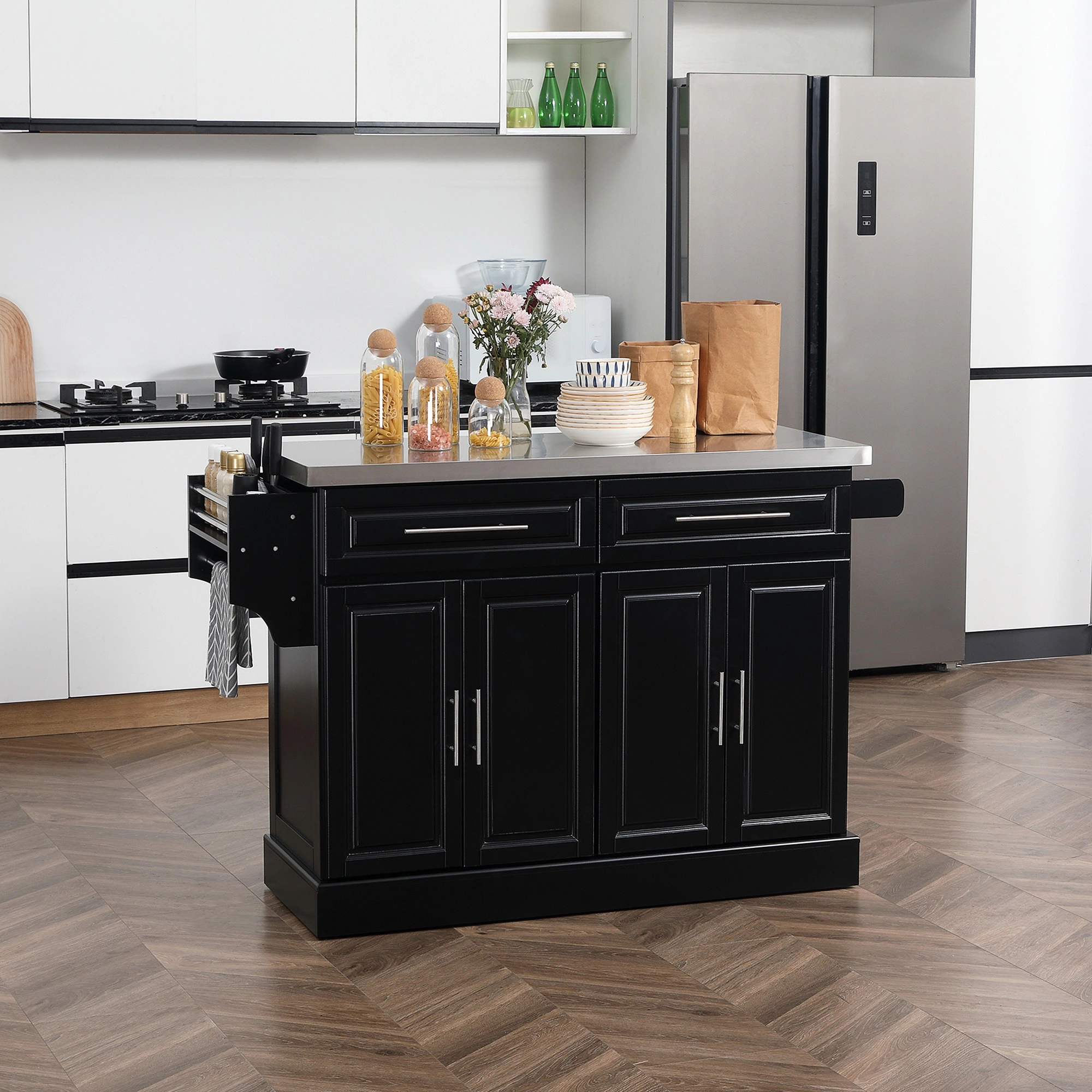 HONGGE Rolling Kitchen Island Cart with 47" Stainless Steel Top Portable Table for Wheels