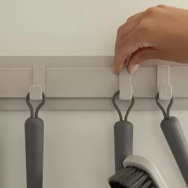 OU Wall Mounted Hook Rack, Multipurpose Self Adhesive Rack w/ 4 Adjustable Sliding Hooks, Laundry & Kitchen Organization