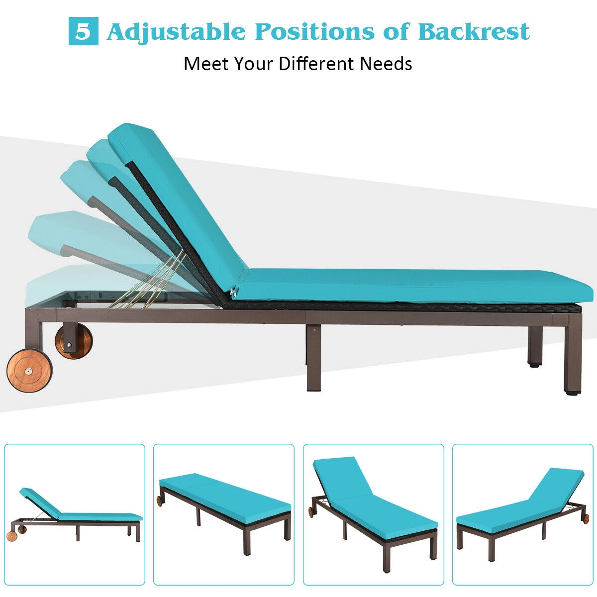 Outdoor Wicker Patio Chaise Lounge Recliner Chair with 5-Position Adjustment and Wheels