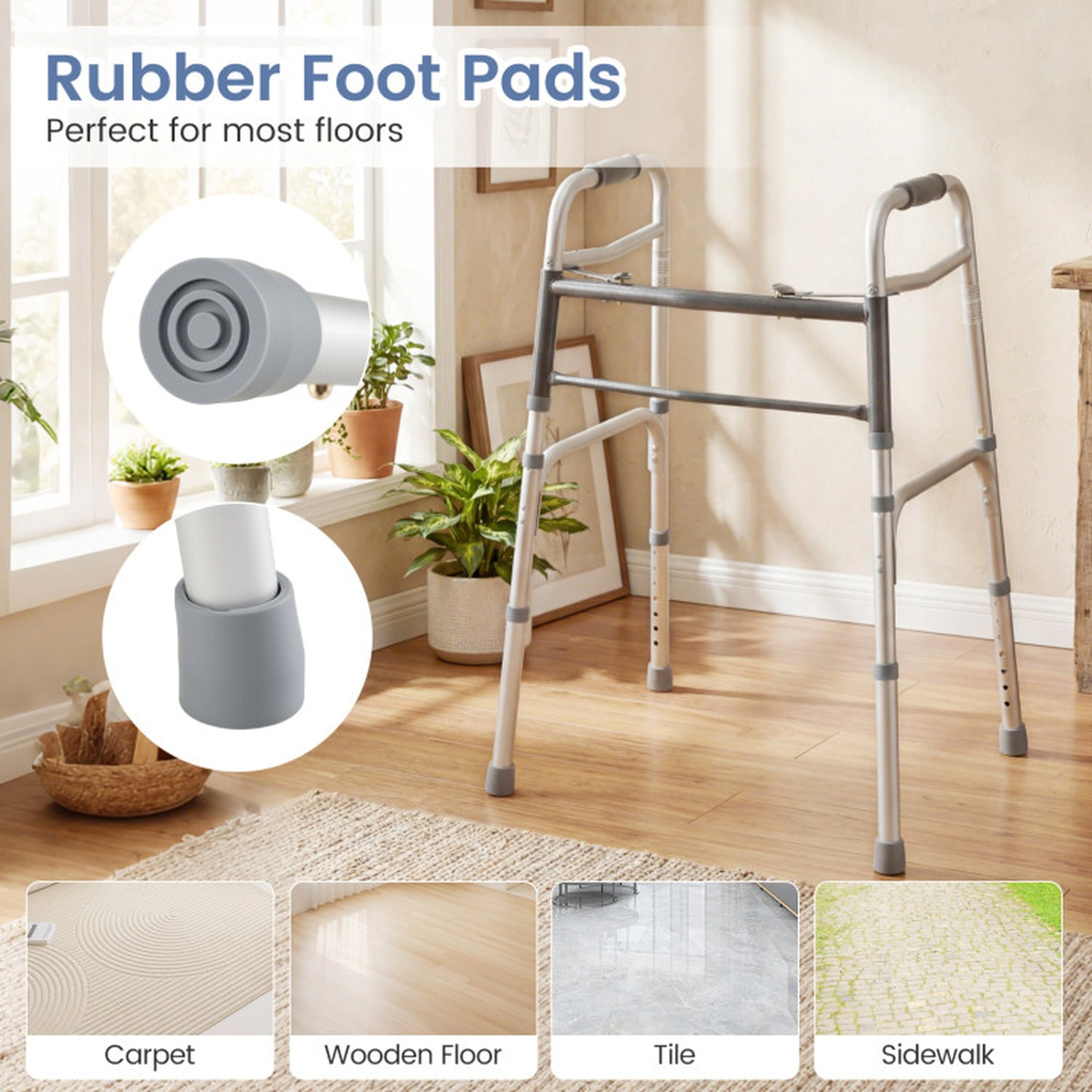 SUGIFT Lightweight 2-Button Folding Walker with 7-Level Adjustable Height 350-Lb Capacity 5.5-Lb Frame Silver